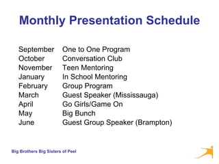 Monthly Presentation Schedule September One to One Program  October Conversation Club  November Teen Mentoring January In School Mentoring February Group Program March Guest Speaker (Mississauga) April Go Girls/Game On  May Big Bunch June Guest Group Speaker (Brampton) 