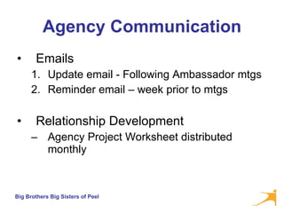 Agency Communication Emails Update email - Following Ambassador mtgs Reminder email – week prior to mtgs Relationship Development Agency Project Worksheet distributed monthly 
