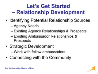 Let’s Get Started  – Relationship Development  Identifying Potential Relationship Sources  Agency Needs Existing Agency Relationships & Prospects Existing Ambassador Relationships & Prospects Strategic Development  Work with fellow ambassadors Connecting with the Community 