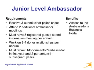 Junior Level Ambassador Requirements Receive & submit clear police check Attend 2 additional ambassador meetings Must have 5 registered guests attend information meeting per annum  Work on 3-4 donor relationships per annum Must recruit 1donor/mentor/ambassador in first year and 2 per annum in subsequent years  Benefits Access to the Ambassador's Business Portal 