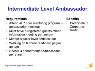 Intermediate Level Ambassador Requirements Attend all 7 core mentoring program  - ambassador meetings Must have 5 registered guests attend information meeting per annum  Mentor a junior level ambassador  Working on 6 donor relationships per annum  Recruit 3 donor/mentor/ambassador per annum Benefits Participate in Corporate Visits 