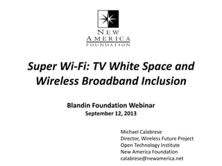 Super Wi-Fi: TV White Space and
Wireless Broadband Inclusion
Blandin Foundation Webinar
September 12, 2013
Michael Calabrese
Director, Wireless Future Project
Open Technology Institute
New America Foundation
calabrese@newamerica.net
 