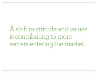 A shift in attitude and values 
is contributing to more 
renters entering the market. 
 
