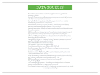 DATA SOURCES 
Axiometrics | axiometrics.com/company/pressreleases/apartment-occupancy- 
hits-95 
Survey by Apartments.com | realestateeconomywatch.com/2014/01/nearly-half- 
of-all-renters-are-ex-homeowners/ 
Survey by Trulia | magazine.good.is/articles/most-americans-want-a-walkable- 
neighborhood-not-a-big-house 
National Multi Housing Council (NMHC) | finance.yahoo.com/news/ 
landmark-resident-survey-identifies-top-173400335.html 
National Association of Realtors | realtor.org/articles/how-millennials-move-the- 
car-less-trends 
U.S. Census Bureau | tampabay.com/news/business/realestate/pricey-posh-tiny- 
apartments-rule-tampa-bays-big-money-rental-boom/2189650 
Urban Land Magazine | urbanland.uli.org/infrastructure-transit/housing-america- 
s-graying-population/ 
Harvard Joint Center for Housing Studies | harvard-cga.maps.arcgis.com/ 
apps/StorytellingTextLegend/index.html? 
appid=7e85ff667f804fe0aaf10a5a27db9c39 
Hart Research | macfound.org/media/files/ 
How_Housing_Matters_2014_FINAL_REPORT.pdf 
Rent Comparison (San Jose, CA) | forrent.com/apartment-community-profile/ 
1000059389.php 
Rent Comparison (Alpharetta, GA) | apartmentguide.com/apartments/ 
Georgia/Alpharetta/The-Lex/259/ 
Study by Brookings Institution | nytimes.com/2012/05/27/opinion/sunday/ 
now-coveted-a-walkable-convenient-place.html?_r=1& 
U.S. Census Bureau | census.gov/construction/chars/pdf/ 
mfu_medavgsqft.pdf 
U.S. Commerce Department | bloomberg.com/news/2014-07-10/renters-trading- 
size-for-frills-fuel-u-s-apartment-boom.html 
http://www.nytimes.com/2014/08/30/upshot/is-owning-overrated-the-rental-economy- 
rises.html?_r=0 

