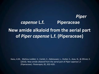 Piper
            capense L.f.                               Piperaceae
New amide alkaloid from the aerial part
  of Piper capense L.f. (Piperaceae)



 Kaou, A.M., Mahiou-Leddet, V., Canlet, C., Debrauwer, L., Hutter, S., Azas, N., & Ollivier, E.
           (2010). New amide alkaloid from the aerial part of Piper capense L.f.
           (Piperaceae). Fitoterapia, 81, 632–635.
 