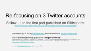 Re-focusing on 3 Twitter accounts
Follow up to the first part published on Slideshare:
https://www.slideshare.net/seinecle/covid-actors-relations-and-topics-on-twitter-as-of-march-30-2020
published on April 1, 2020 by Clément Levallois, Associate Professor at emlyon business school
Based on the methodology published in (free pdf download):
Benabdelkrim, M., Levallois, C., Savinien, J., & Robardet, C. (2020). Opening Fields: A Methodological Contribution to the
Identiﬁcation of Heterogeneous Actors in Unbounded Relational Orders. M@n@gement, 23(1), 4-18.
https://doi.org/10.37725/mgmt.v23.4245
Contact: levallois@em-lyon.com or @seinecle on Twitter
 