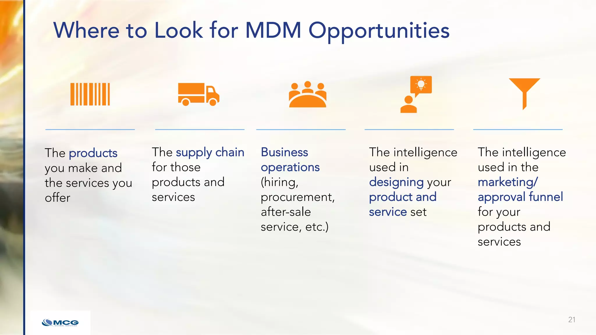 Where to Look for MDM Opportunities
The products
you make and
the services you
offer
21
The supply chain
for those
products and
services
Business
operations
(hiring,
procurement,
after-sale
service, etc.)
The intelligence
used in the
marketing/
approval funnel
for your
products and
services
The intelligence
used in
designing your
product and
service set
 