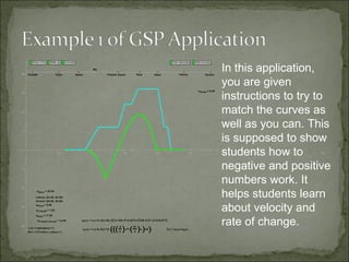 In this application, you are given instructions to try to match the curves as well as you can. This is supposed to show students how to negative and positive numbers work. It helps students learn about velocity and rate of change.  