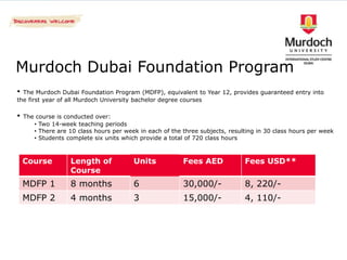 Murdoch Dubai Foundation Program
• The Murdoch Dubai Foundation Program (MDFP), equivalent to Year 12, provides guaranteed entry into
the first year of all Murdoch University bachelor degree courses

•   The course is conducted over:
       • Two 14-week teaching periods
       • There are 10 class hours per week in each of the three subjects, resulting in 30 class hours per week
       • Students complete six units which provide a total of 720 class hours



    Course          Length of            Units            Fees AED             Fees USD**
                    Course
    MDFP 1          8 months             6                30,000/-             8, 220/-
    MDFP 2          4 months             3                15,000/-             4, 110/-
 