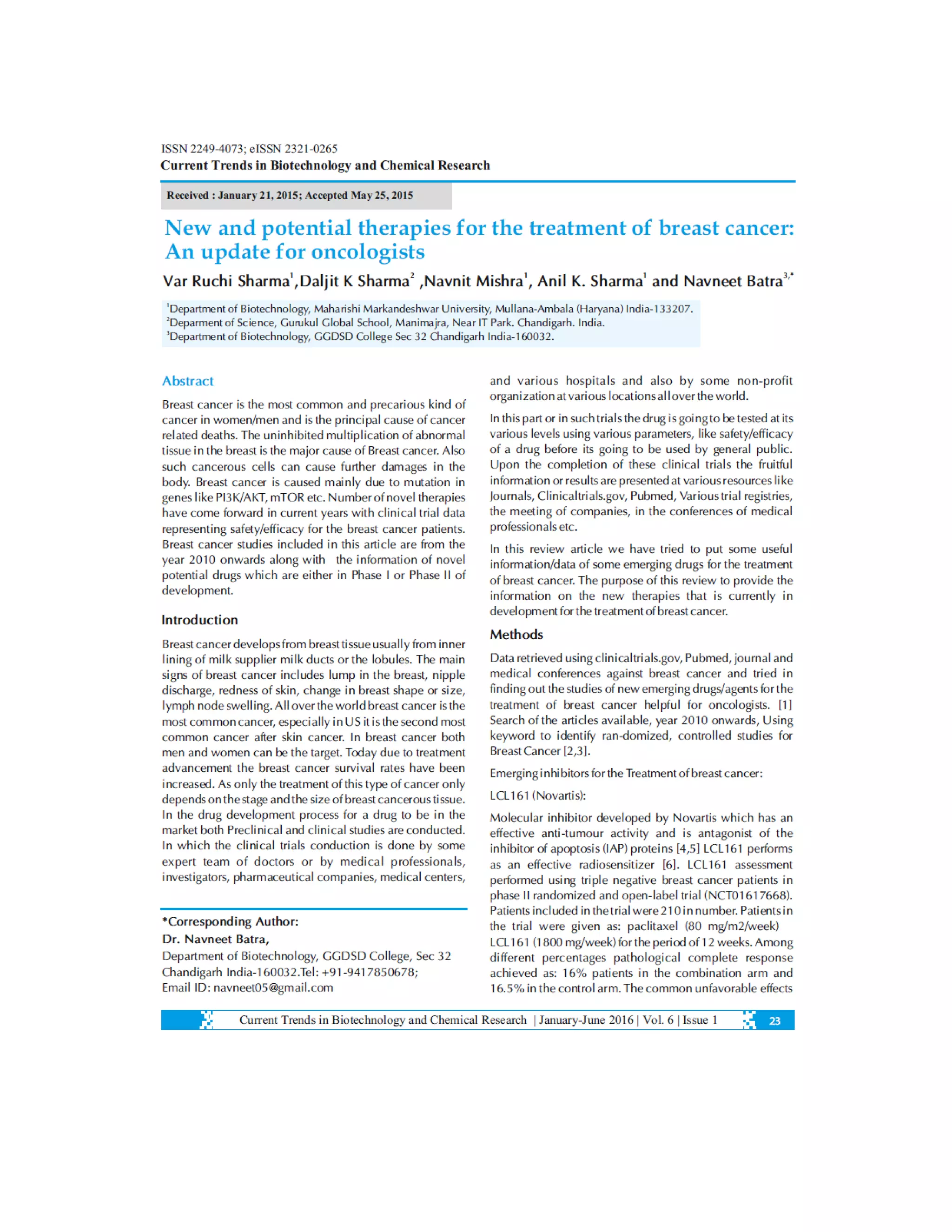 New and potential therapies for the treatment of Breast Cnacer An ...