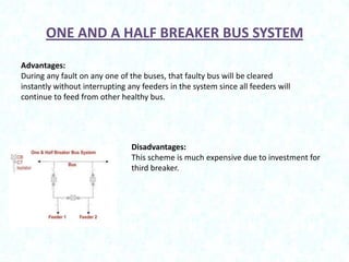 ONE AND A HALF BREAKER BUS SYSTEM
Advantages:
During any fault on any one of the buses, that faulty bus will be cleared
instantly without interrupting any feeders in the system since all feeders will
continue to feed from other healthy bus.

Disadvantages:
This scheme is much expensive due to investment for
third breaker.

 