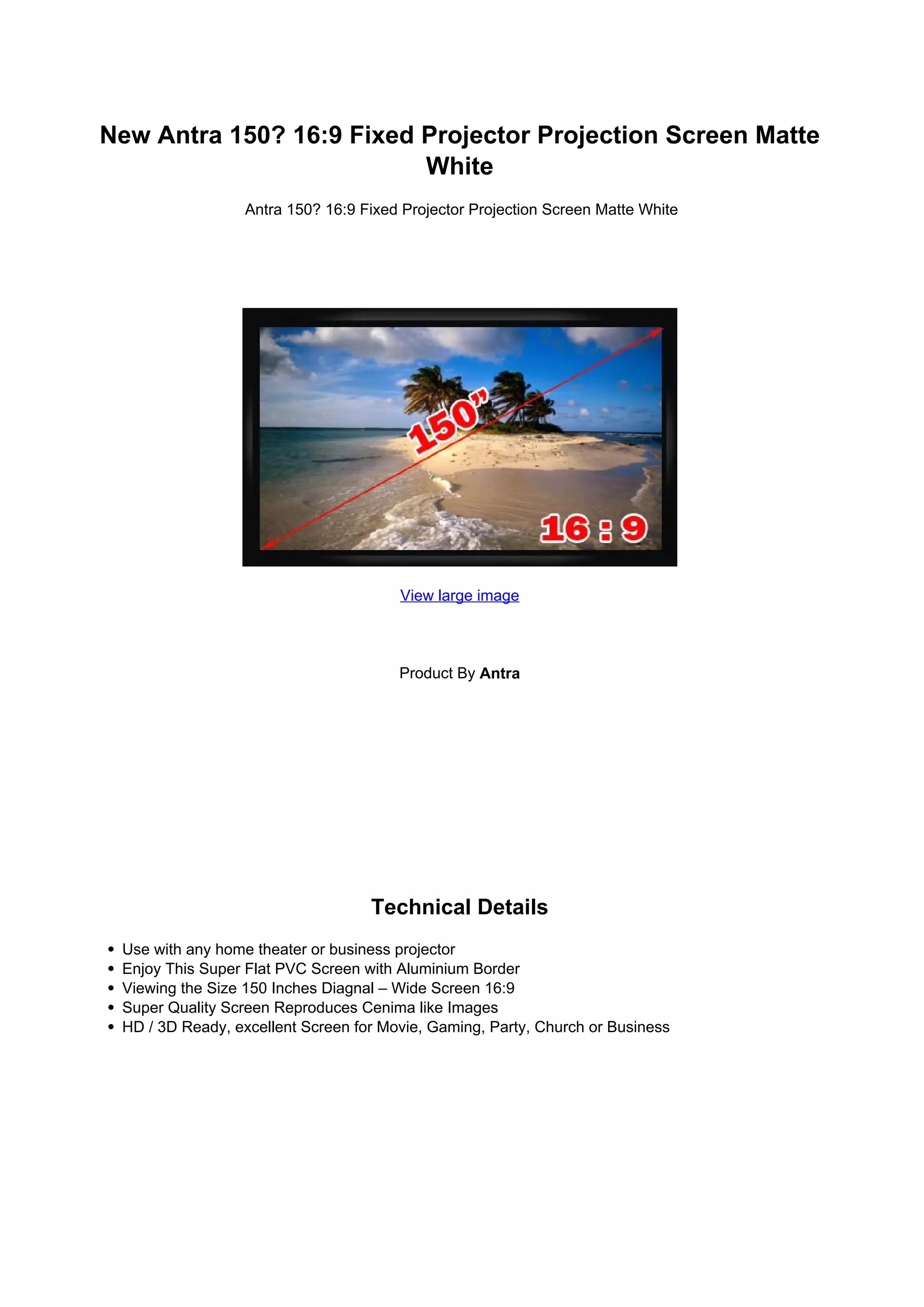 New antra 150 169 fixed projector projection screen matte white | PDF