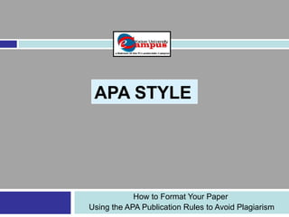 APA STYLE
How to Format Your Paper
Using the APA Publication Rules to Avoid Plagiarism
 