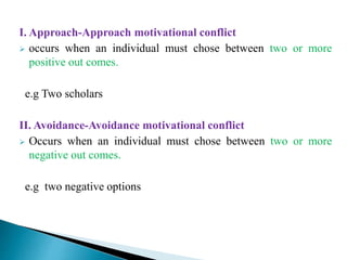 I. Approach-Approach motivational conflict
 occurs when an individual must chose between two or more
positive out comes.
...