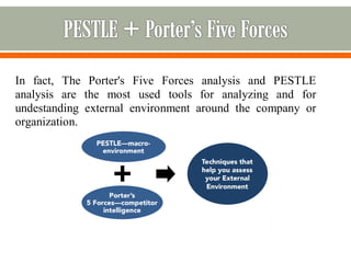 In fact, The Porter's Five Forces analysis and PESTLE
analysis are the most used tools for analyzing and for
undestanding external environment around the company or
organization.
 
