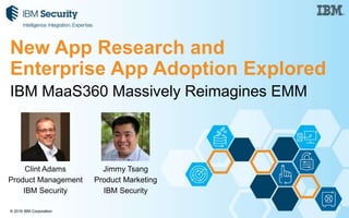 © 2016 IBM Corporation
IBM MaaS360 Massively Reimagines EMM
New App Research and
Enterprise App Adoption Explored
Clint Adams
Product Management
IBM Security
Jimmy Tsang
Product Marketing
IBM Security
 