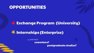 OPPORTUNITIES
Exchange Program (University)
Internships (Enterprise)
… and more
coworkers?
postgraduate studies?
 