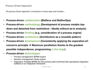 • Process-driven collaboration (BizDevs and BizDevOps)
• Process-driven methodology (Development of process models top-
down and detached from restrictions - Ideally without as-is analysis)
• Process-driven thinking (e.g. consideration of a process engine)
• Process-driven architecture (Architecture as a reusable pattern)
• Process-driven development (Consistently applying the separation-of-
concerns principle  Maximum parallelism thanks to the greatest
possible independence; programming in the large)
• Process-driven technologies
• Process management: BPMN engine
• Decision management: Rules engine
• Integration: Partially BPMN (for the process part) combined with specialized integration
software or an integration framework
The process-driven approach is innovative in many ways and includes...
Process-Driven Approach
15
© Volker Stiehl
 