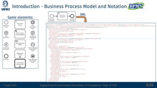 7 Sept 2023 Supporting the Automated Generation of Acceptance Tests of PAIS
Introduction - Business Process Model and Notation
5/25
Some elements:
XML
 