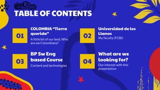 COLOMBIA “Tierra
querida”
01 A little bit of our land. Who
are we Colombians?
Universidad de los
Llanos
02 My faculty (FCBI)
BP Sw Eng
based Course
03 Content and technologies
What are we
looking for?
04 Our interest with this
presentation
TABLE OF CONTENTS
 
