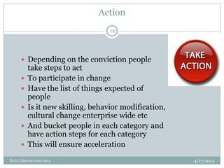 Action
4/17/2014Dr.E.J.Sarma/ocm/2014
12
 Depending on the conviction people
take steps to act
 To participate in change
 Have the list of things expected of
people
 Is it new skilling, behavior modification,
cultural change enterprise wide etc
 And bucket people in each category and
have action steps for each category
 This will ensure acceleration
 