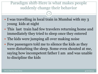Paradigm shift-Here is what makes people
suddenly change their behavior
4/17/2014Dr.E.J.Sarma/ocm/2014
6
 I was travelling in local train in Mumbai with my 3
young kids at night
 This last train had few travelers returning home and
immediately they tried to sleep once they entered
 The kids were jumping all over making noise
 Few passengers told me to silence the kids as they
were disturbing the sleep. Some even shouted at me,
saying how incompetent father I am and was unable
to discipline the kids
 
