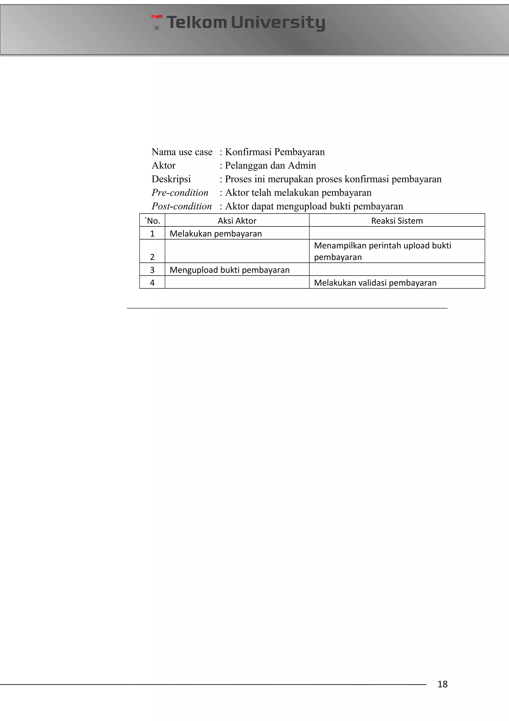 Nama use case : Konfirmasi Pembayaran
Aktor : Pelanggan dan Admin
Deskripsi : Proses ini merupakan proses konfirmasi pembayaran
Pre-condition : Aktor telah melakukan pembayaran
Post-condition : Aktor dapat mengupload bukti pembayaran
`No. Aksi Aktor Reaksi Sistem
1 Melakukan pembayaran
2
Menampilkan perintah upload bukti
pembayaran
3 Mengupload bukti pembayaran
4 Melakukan validasi pembayaran
18
 