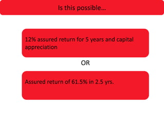 Is this possible…



12% assured return for 5 years and capital
appreciation

                      OR

Assured return of 61.5% in 2.5 yrs.
 