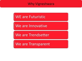 Why Vigneshwara


WE are Futuristic

We are Innovative

We are Trendsetter

We are Transparent
 