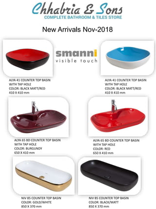 ALYA 65 BD COUNTER TOP BASIN
WITH TAP HOLE
COLOR: BURGUNDY
650 X 410 mm
New Arrivals Nov-2018
NIV 85 COUNTER TOP BASIN
COLOR: GOLD/WHITE
850 X 370 mm
NIV 85 COUNTER TOP BASIN
COLOR: BLACK/MATT
850 X 370 mm
ALYA 65 BD COUNTER TOP BASIN
WITH TAP HOLE
COLOR: RED
650 X 410 mm
ALYA 41 COUNTER TOP BASIN
WITH TAP HOLE
COLOR: BLACK MATT/RED
410 X 410 mm
ALYA 41 COUNTER TOP BASIN
WITH TAP HOLE
COLOR: BLACK MATT/RED
410 X 410 mm
 