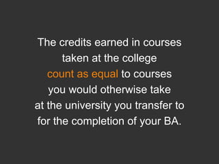 The credits earned in courses taken at the college count as equal to courses you would otherwise take at the university you transfer to for the completion of your BA.