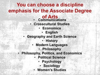 You can choose a discipline emphasis for the Associate Degree of Arts CommunicationsCrosscultural Studies EconomicsEnglishGeography and Earth ScienceHistoryModern LanguagesPhilosophyPhilosophy, Politics, and EconomicsPolitical SciencePsychologySociologyWomen’s Studies 
