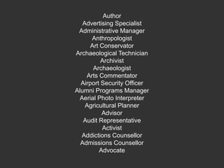 Author Advertising Specialist Administrative Manager Anthropologist Art Conservator Archaeological Technician Archivist Archaeologist Arts Commentator Airport Security Officer Alumni Programs Manager Aerial Photo Interpreter Agricultural Planner Advisor Audit Representative Activist Addictions Counsellor Admissions Counsellor Advocate 
