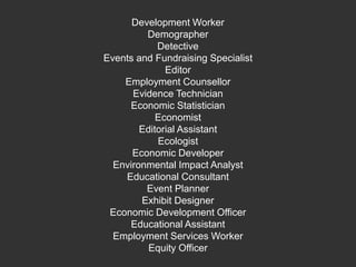 Development Worker Demographer DetectiveEvents and Fundraising SpecialistEditor Employment Counsellor Evidence Technician Economic Statistician Economist Editorial Assistant Ecologist Economic Developer Environmental Impact Analyst Educational Consultant Event Planner Exhibit Designer Economic Development Officer Educational Assistant Employment Services Worker Equity Officer 