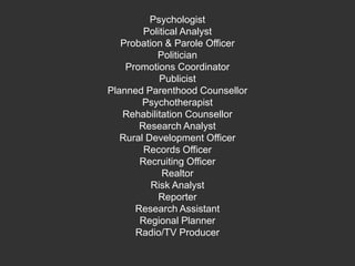 Psychologist Political AnalystProbation & Parole Officer Politician Promotions Coordinator Publicist Planned Parenthood Counsellor Psychotherapist Rehabilitation Counsellor Research Analyst Rural Development Officer Records Officer Recruiting Officer Realtor Risk Analyst Reporter Research Assistant Regional Planner Radio/TV Producer 