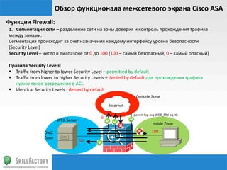 Функции	
  Firewall:	
  
1.	
  	
  	
  Сегментация	
  сети	
  –	
  разделение	
  сети	
  на	
  зоны	
  доверия	
  и	
  кон...