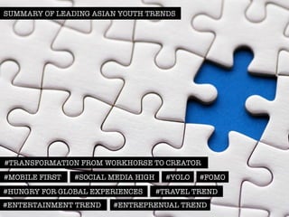 SUMMARY OF LEADING ASIAN YOUTH TRENDS 
#TRANSFORMATION FROM WORKHORSE TO CREATOR 
#MOBILE FIRST #SOCIAL MEDIA HIGH 
#HUNGRY FOR GLOBAL EXPERIENCES 
#ENTERTAINMENT TREND #ENTREPRENUAL TREND 
#YOLO #FOMO 
#TRAVEL TREND 
 
