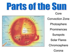 Core
Convection Zone
Photosphere
Prominences
Sunspots
Solar Flares
Chromosphere
Corona
 