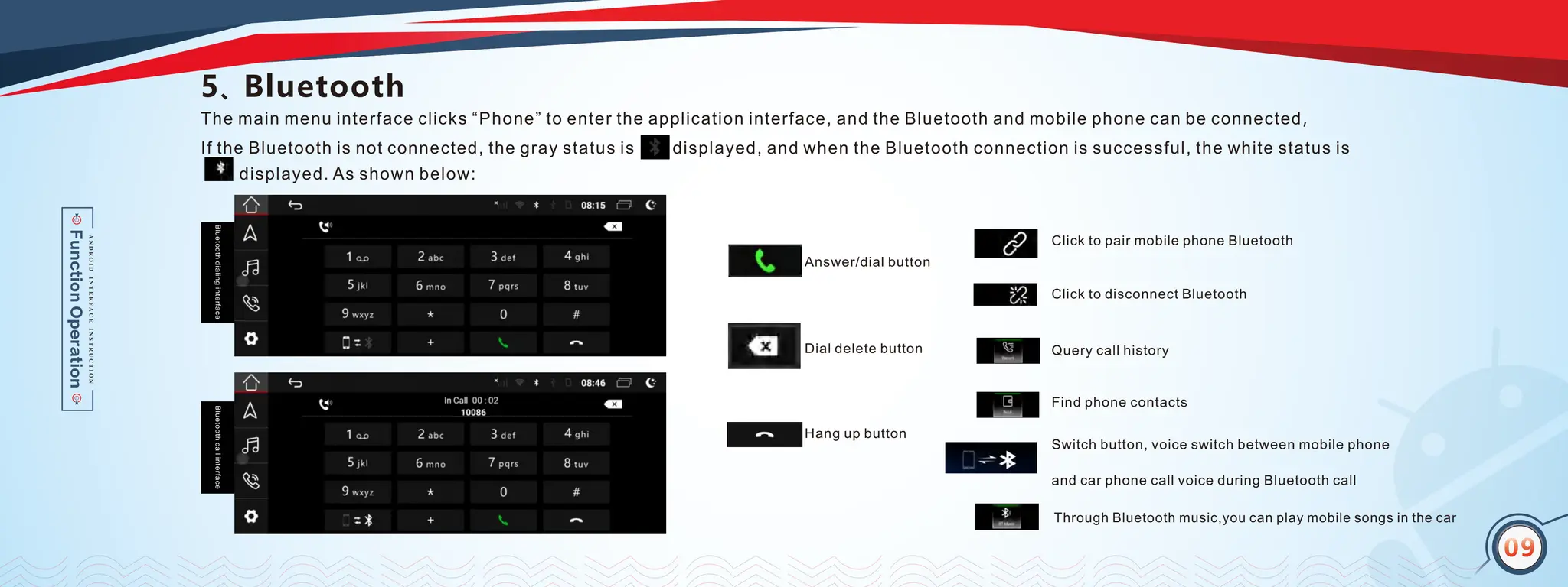 07
5、Bluetooth
If the Bluetooth is not connected, the gray status is displayed, and when the Bluetooth connection is successful, the white status is
displayed. As shown below:
The main menu interface clicks “Phone” to enter the application interface, and the Bluetooth and mobile phone can be connected，
Bluetooth
dialing
interface
Bluetooth
call
interface
Answer/dial button
Dial delete button
Hang up button
Click to disconnect Bluetooth
Switch button, voice switch between mobile phone
and car phone call voice during Bluetooth call
Query call history
Find phone contacts
Click to pair mobile phone Bluetooth
09
Through Bluetooth music,you can play mobile songs in the car
 