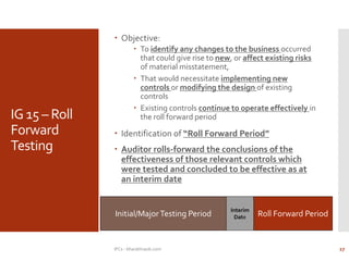 IG 15 – Roll
Forward
Testing
 Objective:
 To identify any changes to the business occurred
that could give rise to new, or affect existing risks
of material misstatement,
 That would necessitate implementing new
controls or modifying the design of existing
controls
 Existing controls continue to operate effectively in
the roll forward period
 Identification of “Roll Forward Period”
 Auditor rolls-forward the conclusions of the
effectiveness of those relevant controls which
were tested and concluded to be effective as at
an interim date
Initial/MajorTesting Period Roll Forward Period
Interim
Date
IFCs - bharathraob.com 27
 