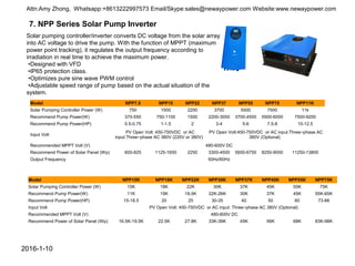2016-1-10
Model NPP7.5 NPP15 NPP22 NPP37 NPP55 NPP75 NPP11K
Solar Pumping Controller Power (W) 750 1500 2200 3700 5500 7500 11k
Recommend Pump Power(W) 370-550 750-1100 1500 2200-3000 3700-4500 5500-6000 7500-9200
Recommend Pump Power(HP) 0.5-0.75 1-1.5 2 3-4 5-6 7.5-8 10-12.5
Input Volt
PV Open Volt: 450-750VDC or AC
input:Three−phase AC 380V (220V or 380V)
PV Open Volt:450-750VDC or AC input:Three−phase AC
380V (Optional)
Recommended MPPT Volt (V) 480-600V DC
Recommend Power of Solar Panel (Wp) 600-825 1125-1650 2250 3300-4500 5650-6750 8250-9000 11250-13800
Output Frequency 50Hz/60Hz
Model NPP15K NPP18K NPP22K NPP30K NPP37K NPP45K NPP55K NPP75K
Solar Pumping Controller Power (W) 15K 18K 22K 30K 37K 45K 55K 75K
Recommend Pump Power(W) 11K 15K 18.5K 22K-26K 30K 37K 45K 55K-65K
Recommend Pump Power(HP) 15-18.5 20 25 30-35 40 50 60 73-86
Input Volt PV Open Volt: 450-750VDC or AC input: Three−phase AC 380V (Optional)
Recommended MPPT Volt (V) 480-600V DC
Recommend Power of Solar Panel (Wp) 16.5K-19.5K 22.5K 27.8K 33K-39K 45K 56K 68K 83K-98K
7. NPP Series Solar Pump Inverter
Solar pumping controller/inverter converts DC voltage from the solar array
into AC voltage to drive the pump. With the function of MPPT (maximum
power point tracking), it regulates the output frequency according to
irradiation in real time to achieve the maximum power.
•Designed with VFD
•IP65 protection class.
•Optimizes pure sine wave PWM control
•Adjustable speed range of pump based on the actual situation of the
system.
Attn:Amy Zhong, Whatsapp:+8613222997573 Email/Skype:sales@newaypower.com Website:www.newaypower.com
 