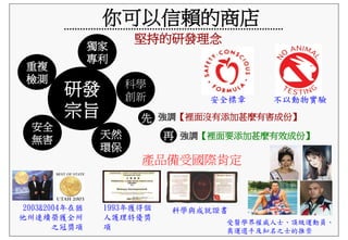 你可以信賴的商店
堅持的研發理念
研發
宗旨
獨家
專利
重複
檢測
安全
無害
科學
創新
天然
環保
先
再
強調【裡面沒有添加甚麼有害成份】
強調【裡面要添加甚麼有效成份】
產品備受國際肯定
2003&2004年在猶
他州連續榮獲全州
之冠獎項
1993年獲得個
人護理特優獎
項
科學與成就證書
受醫學界權威人士、頂級運動員、
奧運選手及知名之士的推崇
安全標章 不以動物實驗
 