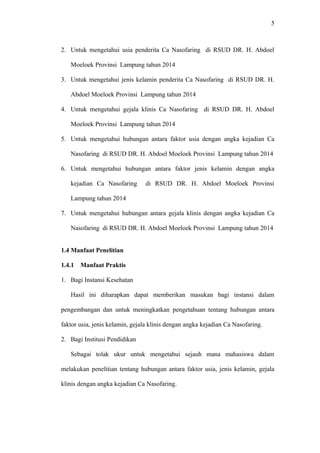 2. Untuk mengetahui usia penderita Ca Nasofaring di RSUD DR. H. Abdoel
Moeloek Provinsi Lampung tahun 2014
3. Untuk mengetahui jenis kelamin penderita Ca Nasofaring di RSUD DR. H.
Abdoel Moeloek Provinsi Lampung tahun 2014
4. Untuk mengetahui gejala klinis Ca Nasofaring di RSUD DR. H. Abdoel
Moeloek Provinsi Lampung tahun 2014
5. Untuk mengetahui hubungan antara faktor usia dengan angka kejadian Ca
Nasofaring di RSUD DR. H. Abdoel Moeloek Provinsi Lampung tahun 2014
6. Untuk mengetahui hubungan antara faktor jenis kelamin dengan angka
kejadian Ca Nasofaring di RSUD DR. H. Abdoel Moeloek Provinsi
Lampung tahun 2014
7. Untuk mengetahui hubungan antara gejala klinis dengan angka kejadian Ca
Nasofaring di RSUD DR. H. Abdoel Moeloek Provinsi Lampung tahun 2014
1.4 Manfaat Penelitian
1.4.1 Manfaat Praktis
1. Bagi Instansi Kesehatan
Hasil ini diharapkan dapat memberikan masukan bagi instansi dalam
pengembangan dan untuk meningkatkan pengetahuan tentang hubungan antara
faktor usia, jenis kelamin, gejala klinis dengan angka kejadian Ca Nasofaring.
2. Bagi Institusi Pendidikan
Sebagai tolak ukur untuk mengetahui sejauh mana mahasiswa dalam
melakukan penelitian tentang hubungan antara faktor usia, jenis kelamin, gejala
klinis dengan angka kejadian Ca Nasofaring.
5
 