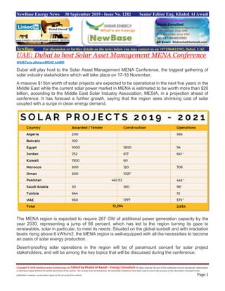 Copyright © 2018 NewBase www.hawkenergy.net Edited by Khaled Al Awadi – Energy Consultant All rights reserved. No part of this publication may be reproduced, redistributed,
or otherwise copied without the written permission of the authors. This includes internal distribution. All reasonable endeavours have been used to ensure the accuracy of the information contained in this
publication. However, no warranty is given to the accuracy of its content. Page 1
NewBase Energy News 30 September 2019 - Issue No. 1282 Senior Editor Eng. Khaled Al Awadi
NewBase For discussion or further details on the news below you may contact us on +971504822502, Dubai, UAE
UAE: Dubai to host Solar Asset Management MENA Conference
Dubai will play host to the Solar Asset Management MENA Conference, the biggest gathering of
solar industry stakeholders which will take place on 17-18 November.
A massive $15bn worth of solar projects are expected to be operational in the next five years in the
Middle East while the current solar power market in MENA is estimated to be worth more than $20
billion, according to the Middle East Solar Industry Association, MESIA, in a projection ahead of
conference. It has forecast a further growth, saying that the region sees shrinking cost of solar
coupled with a surge in clean energy demand.
The MENA region is expected to require 267 GW of additional power generation capacity by the
year 2030, representing a jump of 66 percent, which has led to the region turning its gaze to
renewables, solar in particular, to meet its needs. Situated on the global sunbelt and with irradiation
levels rising above 6 kWh/m2, the MENA region is well-equipped with all the necessities to become
an oasis of solar energy production.
Desert-proofing solar operations in the region will be of paramount concert for solar project
stakeholders, and will be among the key topics that will be discussed during the conference.
WAM/Tariq alfaham/MOHD AAMIR
www.linkedin.com/in/khaled-al-awadi-38b995b
 