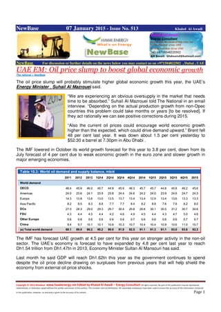 Copyright © 2014 NewBase www.hawkenergy.net Edited by Khaled Al Awadi – Energy Consultant All rights reserved. No part of this publication may be reproduced,
redistributed, or otherwise copied without the written permission of the authors. This includes internal distribution. All reasonable endeavours have been used to ensure the accuracy of the information contained
in this publication. However, no warranty is given to the accuracy of its content . Page 1
NewBase 07 January 2015 - Issue No. 513 Khaled Al Awadi
NewBase For discussion or further details on the news below you may contact us on +971504822502 , Dubai , UAE
UAE EM: Oil price slump to boost global economic growth
The national + NewBase
The oil price slump will probably stimulate higher global economic growth this year, the UAE’s
Energy Minister , Suhail Al Mazrouei said.
“We are experiencing an obvious oversupply in the market that needs
time to be absorbed,” Suhail Al Mazrouei told The National in an email
interview. “Depending on the actual production growth from non-Opec
countries this problem could take months or years [to be resolved]. If
they act rationally we can see positive corrections during 2015.
“Also the current oil prices could encourage world economic growth
higher than the expected, which could drive demand upward.” Brent fell
48 per cent last year. It was down about 1.5 per cent yesterday to
$52.30 a barrel at 7.30pm in Abu Dhabi .
The IMF lowered in October its world growth forecast for this year to 3.8 per cent, down from its
July forecast of 4 per cent due to weak economic growth in the euro zone and slower growth in
major emerging economies.
The IMF has forecast UAE growth at 4.5 per cent for this year on stronger activity in the non-oil
sector. The UAE’s economy is forecast to have expanded by 4.8 per cent last year to reach
Dh1.54 trillion from Dh1.47tn in 2013, Economy Minister Sultan Al Mansouri has said.
Last month he said GDP will reach Dh1.62tn this year as the government continues to spend
despite the oil price decline drawing on surpluses from previous years that will help shield the
economy from external oil price shocks.
 