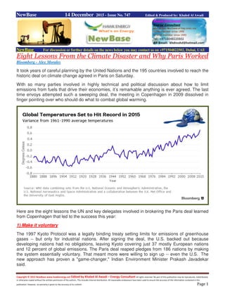 Copyright © 2015 NewBase www.hawkenergy.net Edited by Khaled Al Awadi – Energy Consultant All rights reserved. No part of this publication may be reproduced, redistributed,
or otherwise copied without the written permission of the authors. This includes internal distribution. All reasonable endeavours have been used to ensure the accuracy of the information contained in this
publication. However, no warranty is given to the accuracy of its content. Page 1
NewBase 14 December 2015 - Issue No. 747 Edited & Produced by: Khaled Al Awadi
NewBase For discussion or further details on the news below you may contact us on +971504822502, Dubai, UAE
Eight Lessons From the Climate Disaster and Why Paris Worked
Bloomberg - Alex Morales
It took years of careful planning by the United Nations and the 195 countries involved to reach the
historic deal on climate change agreed in Paris on Saturday.
With so many parties involved in highly technical and political discussion about how to limit
emissions from fuels that drive their economies, it’s remarkable anything is ever agreed. The last
time envoys attempted such a sweeping deal, the meeting in Copenhagen in 2009 dissolved in
finger pointing over who should do what to combat global warming.
Here are the eight lessons the UN and key delegates involved in brokering the Paris deal learned
from Copenhagen that led to the success this year:
1) Make it voluntary
The 1997 Kyoto Protocol was a legally binding treaty setting limits for emissions of greenhouse
gases -- but only for industrial nations. After signing the deal, the U.S. backed out because
developing nations had no obligations, leaving Kyoto covering just 37 mostly European nations
and 12 percent of global emissions. The Paris deal reaped pledges from 186 nations by making
the system essentially voluntary. That meant more were willing to sign up -- even the U.S. The
new approach has proven a "game-changer," Indian Environment Minister Prakash Javadekar
said.
 