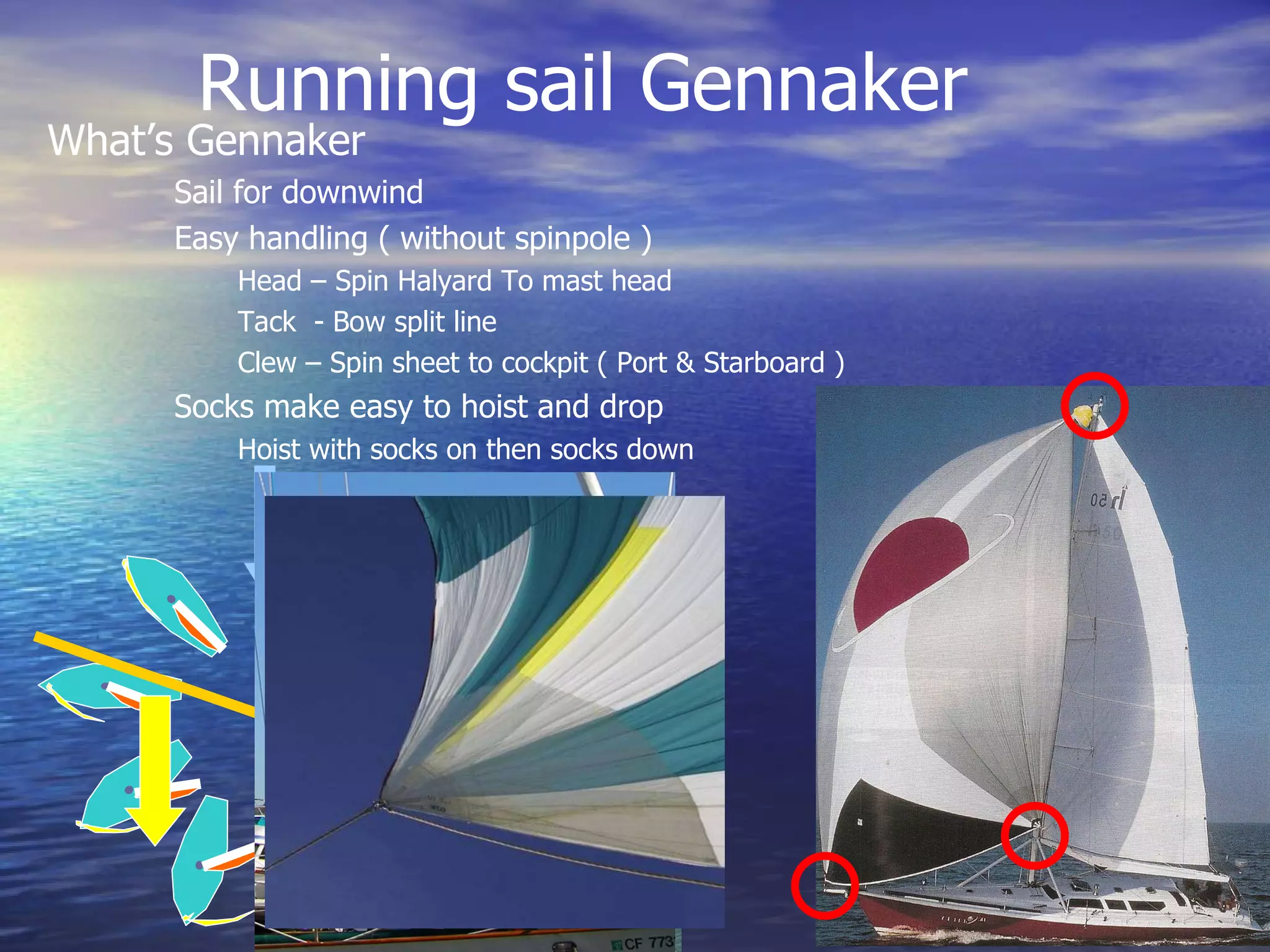 Running sail Gennaker What’s Gennaker  Sail for downwind Easy handling ( without spinpole ) Head – Spin Halyard To mast head  Tack  - Bow split line Clew – Spin sheet to cockpit ( Port & Starboard ) Socks make easy to hoist and drop Hoist with socks on then socks down 