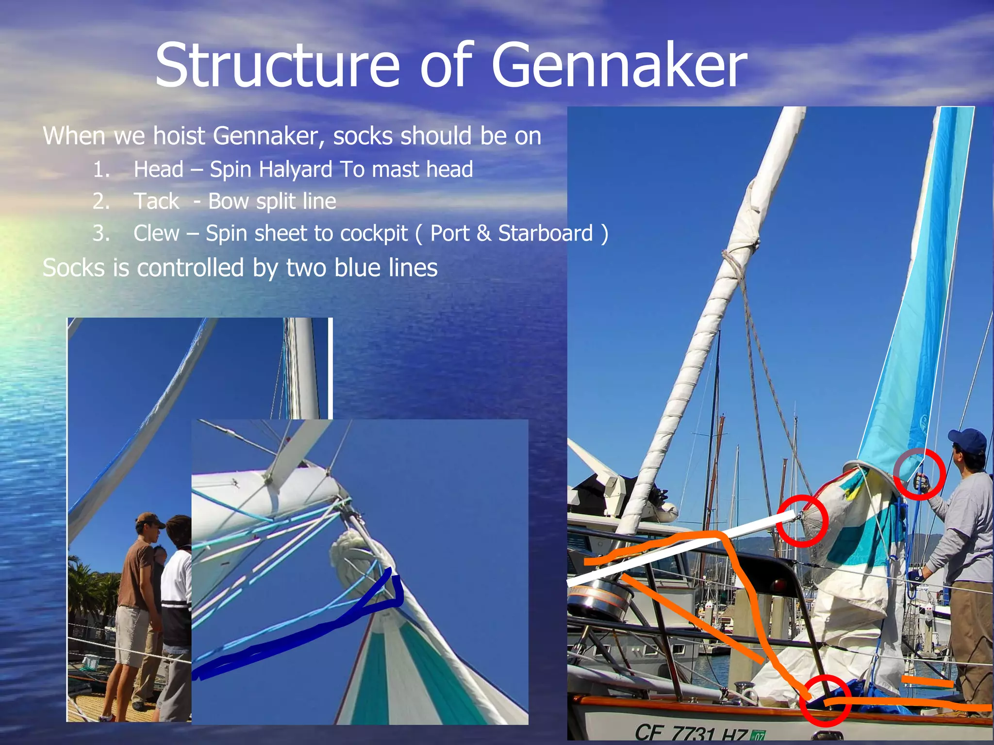 Structure of Gennaker When we hoist Gennaker, socks should be on Head – Spin Halyard To mast head  Tack  - Bow split line Clew – Spin sheet to cockpit ( Port & Starboard ) Socks is controlled by two blue lines 