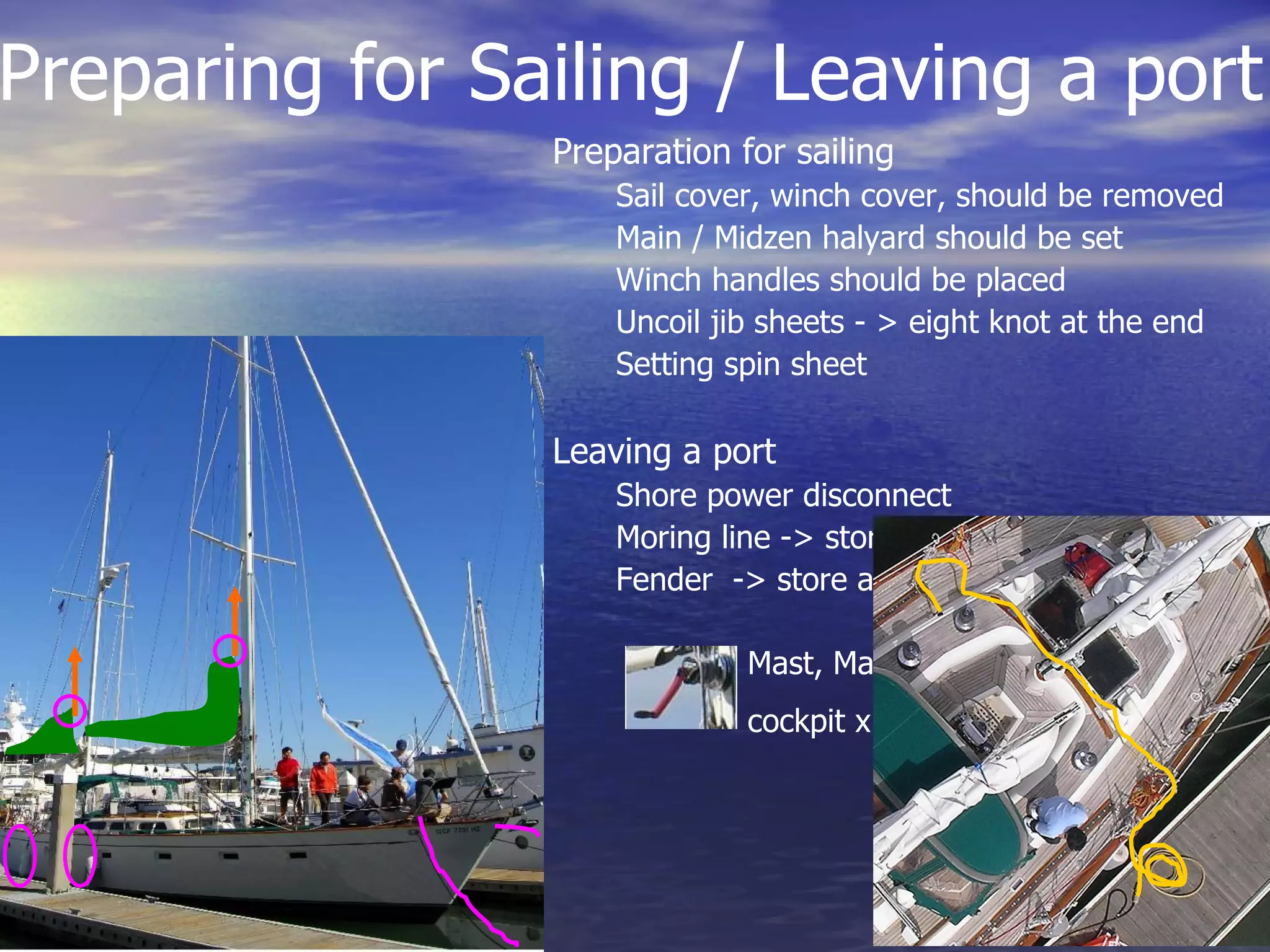 Preparing for Sailing / Leaving a port Preparation for sailing Sail cover, winch cover, should be removed Main / Midzen halyard should be set Winch handles should be placed Uncoil jib sheets - > eight knot at the end Setting spin sheet  Leaving a port Shore power disconnect Moring line -> store at bow storage Fender  -> store at bow storage Mast, Main sheet,  cockpit x 2, Midzen  