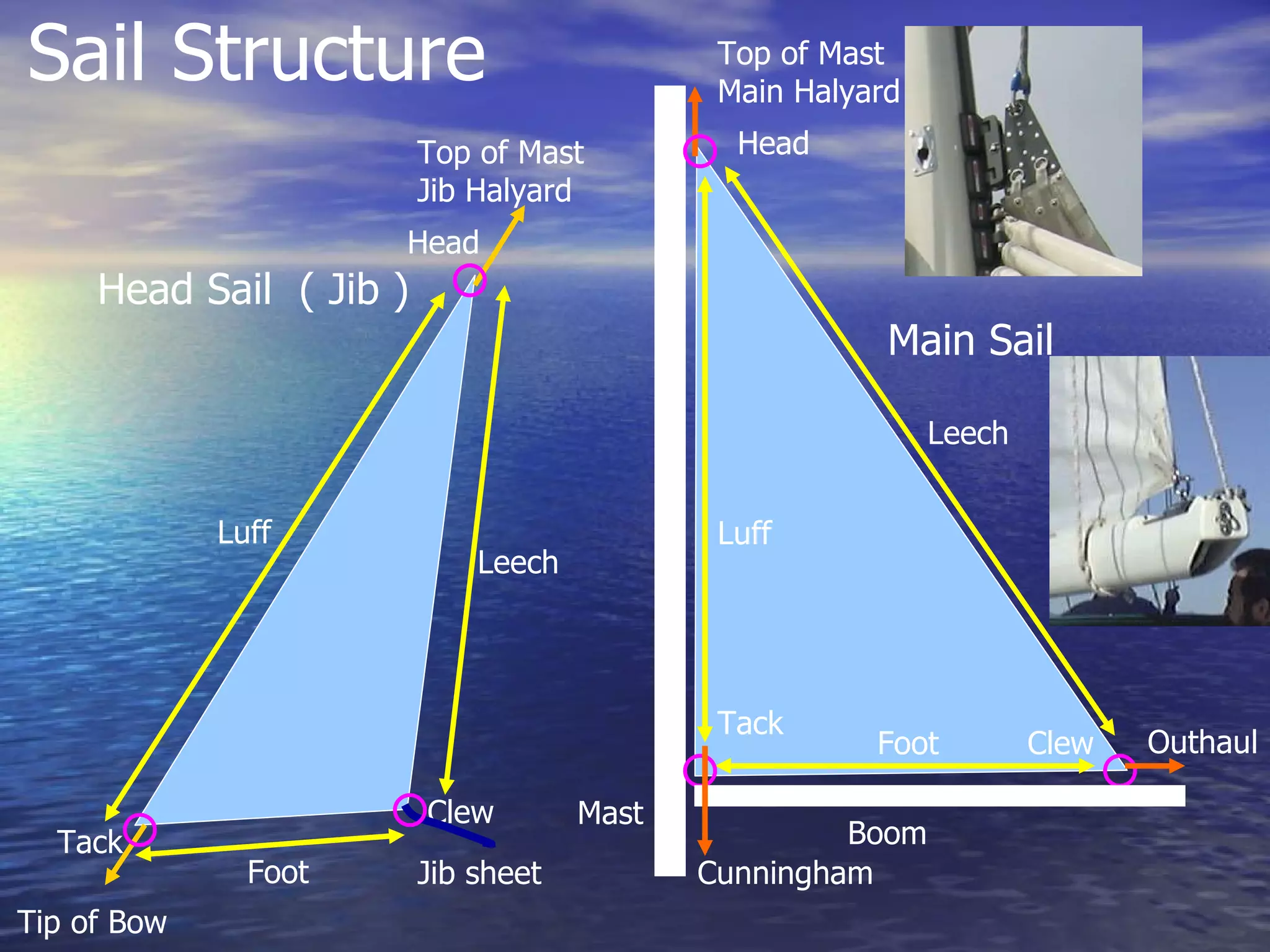Sail Structure  Head Tack Clew Leech Luff Foot Head Sail  ( Jib ) Tip of Bow Top of Mast Jib Halyard Jib sheet Head Tack Clew Leech Luff Foot Main Sail Mast Top of Mast Main Halyard Outhaul Boom Cunningham 